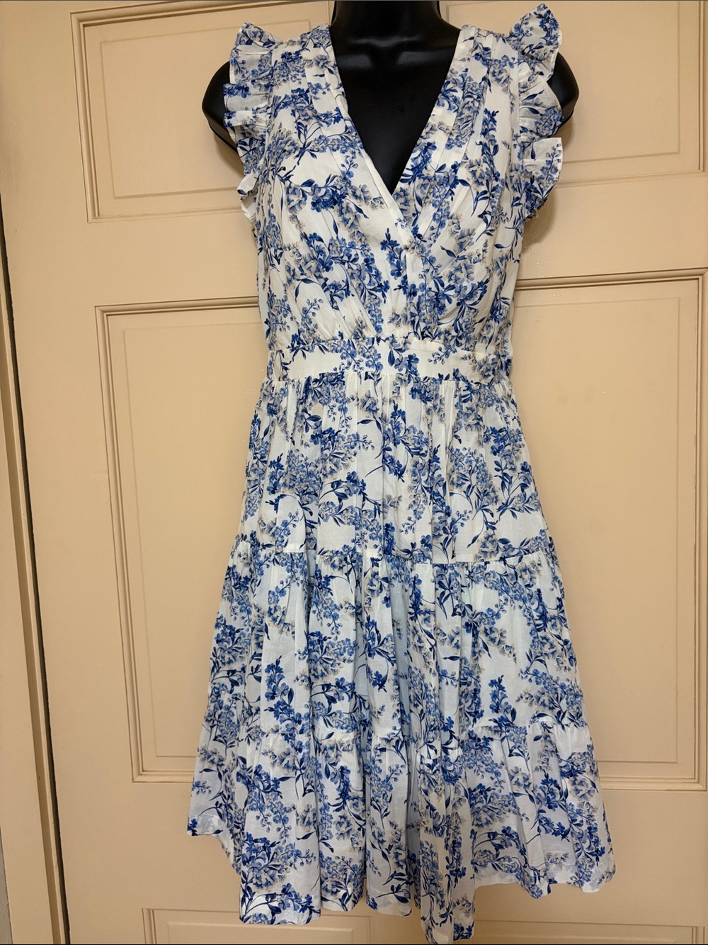 Blue Floral Ruffle Sleeve Surplice pleated Dress